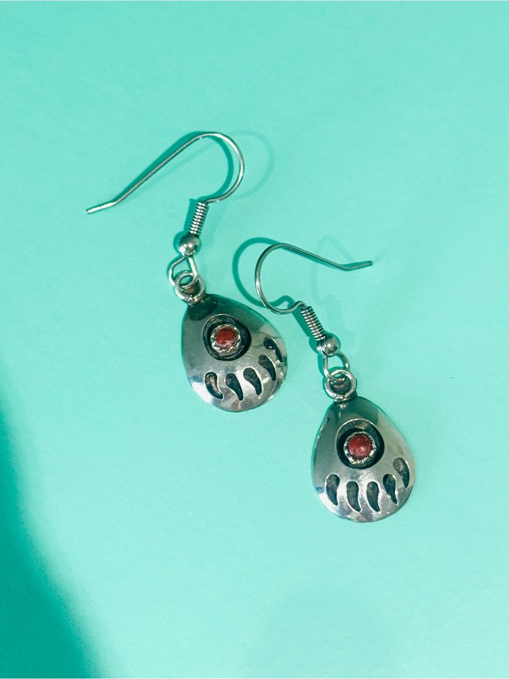 Sterling-Style Teardrop Dangle Earrings with Red Stone Accent